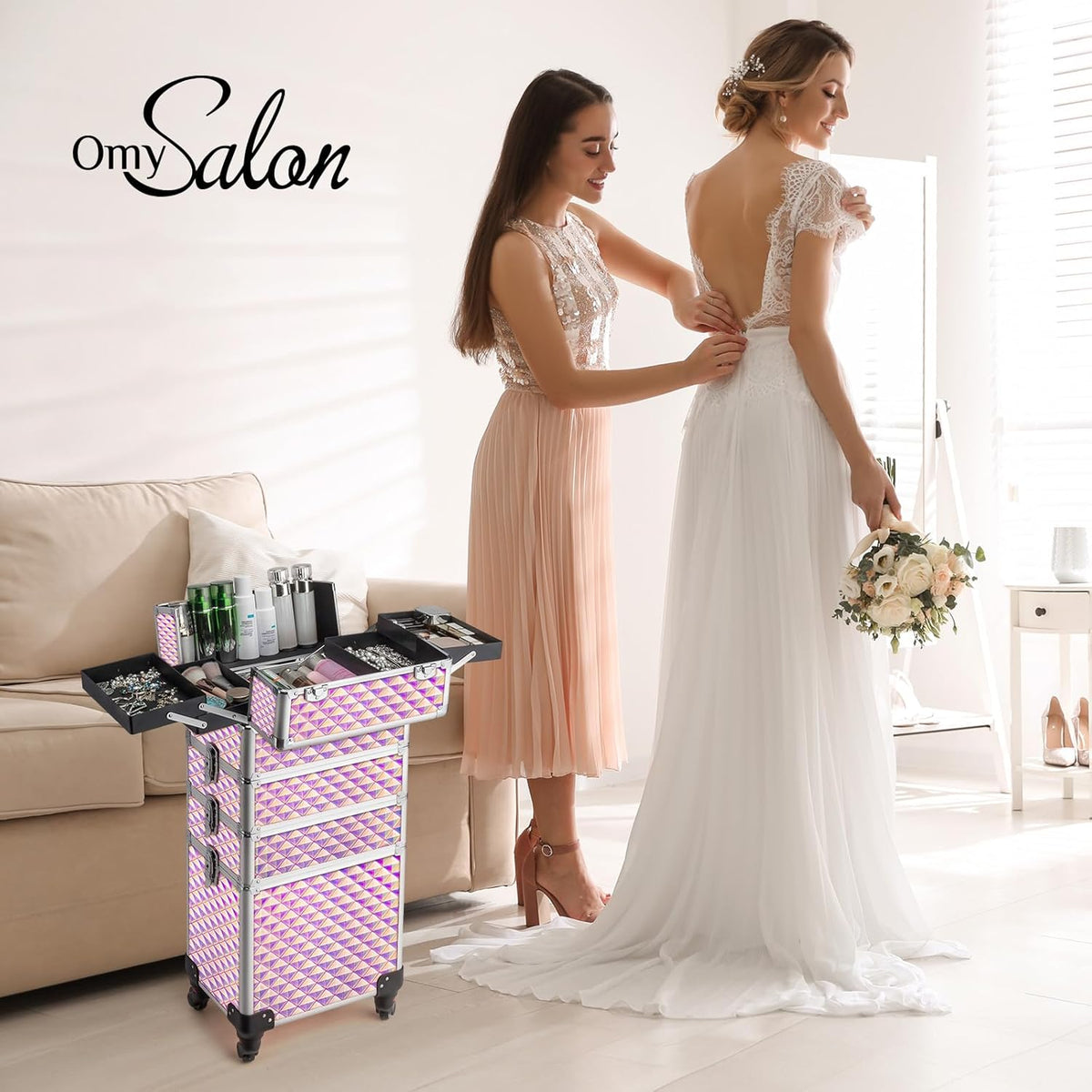 mefeir 4 in 1 Rolling Makeup Train Case, Aluminum Makeup Travel Organizer Cosmetic Case, Cosmetology Display Suitcase on Wheels, Beauty Storage Luggage Lockable w/4 Removable Wheels (Pink)