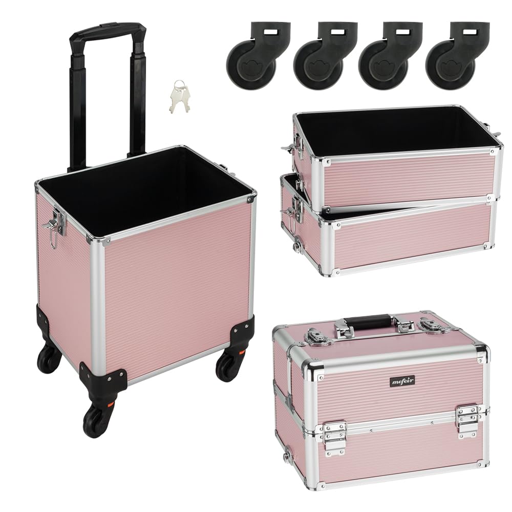 mefeir 4 in 1 Rolling Makeup Train Case, Aluminum Makeup Travel Organizer Cosmetic Case, Cosmetology Display Suitcase on Wheels, Beauty Storage Luggage Lockable w/4 Removable Wheels (Pink)