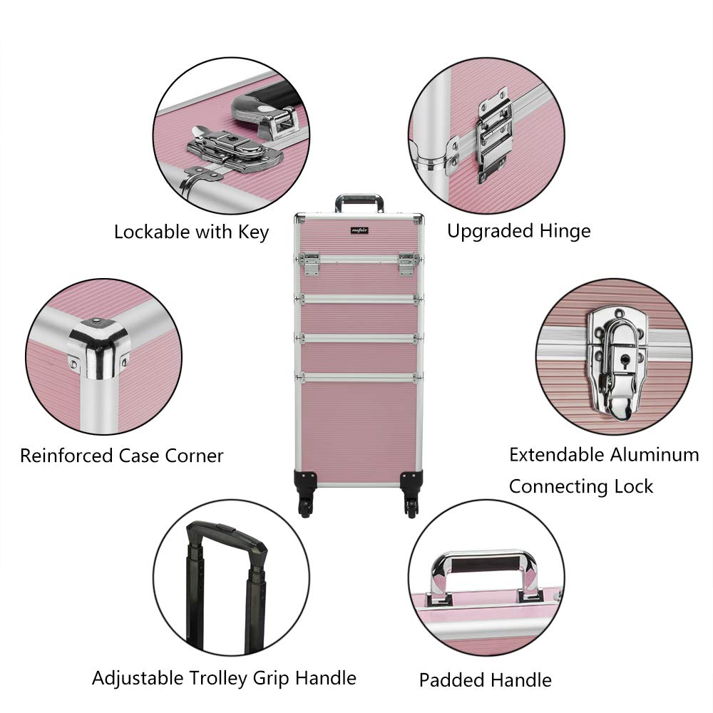 mefeir 4 in 1 Rolling Makeup Train Case, Aluminum Makeup Travel Organizer Cosmetic Case, Cosmetology Display Suitcase on Wheels, Beauty Storage Luggage Lockable w/4 Removable Wheels (Pink)