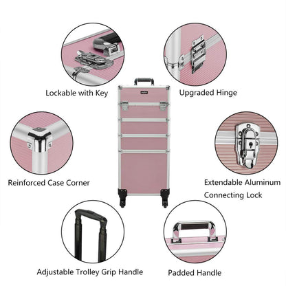 mefeir 4 in 1 Rolling Makeup Train Case, Aluminum Makeup Travel Organizer Cosmetic Case, Cosmetology Display Suitcase on Wheels, Beauty Storage Luggage Lockable w/4 Removable Wheels (Pink)
