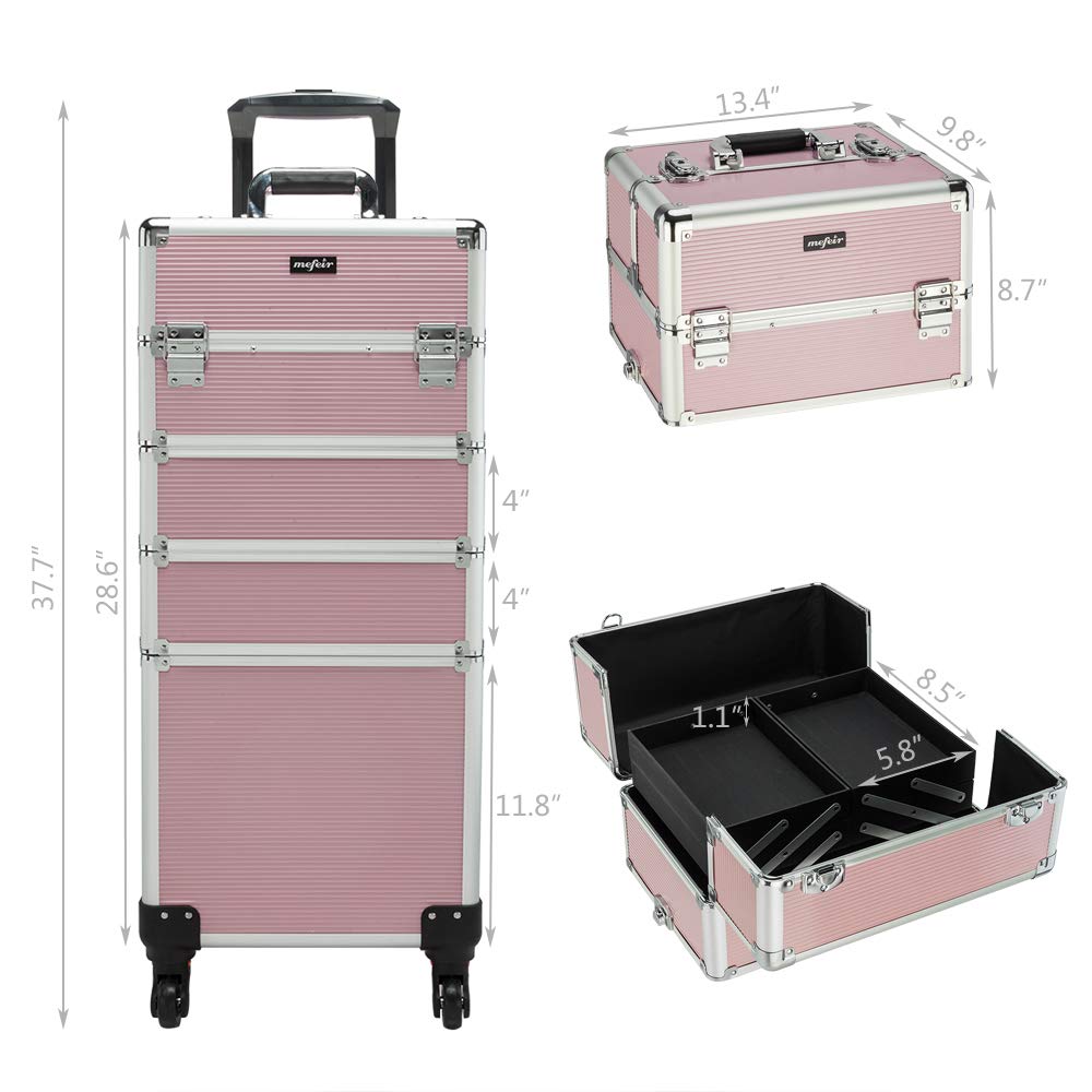 mefeir 4 in 1 Rolling Makeup Train Case, Aluminum Makeup Travel Organizer Cosmetic Case, Cosmetology Display Suitcase on Wheels, Beauty Storage Luggage Lockable w/4 Removable Wheels (Pink)