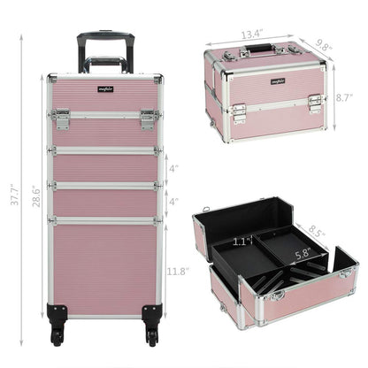 mefeir 4 in 1 Rolling Makeup Train Case, Aluminum Makeup Travel Organizer Cosmetic Case, Cosmetology Display Suitcase on Wheels, Beauty Storage Luggage Lockable w/4 Removable Wheels (Pink)