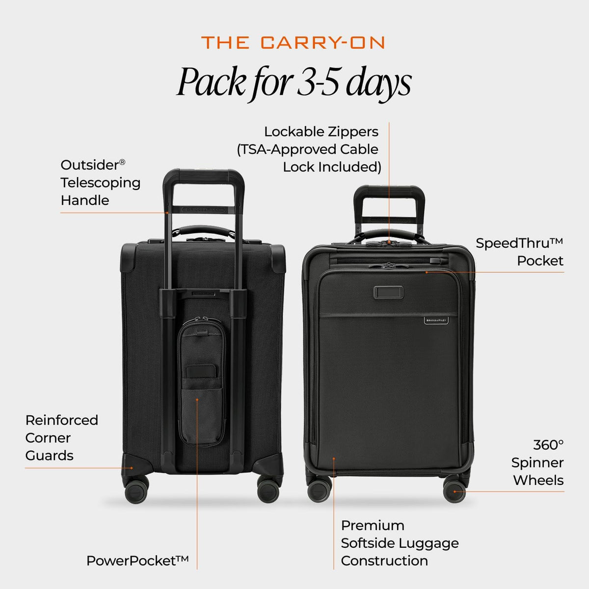 Briggs & Riley Cabin Spinner - Carry On Luggage for Travel, Suitcases with Wheels, Softside Rolling Bag for Men & Women, Fits Under Plane Seat, Interlocking Handle - Baseline Collection, Black