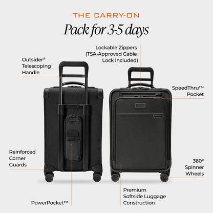 Briggs & Riley Cabin Spinner - Carry On Luggage for Travel, Suitcases with Wheels, Softside Rolling Bag for Men & Women, Fits Under Plane Seat, Interlocking Handle - Baseline Collection, Black
