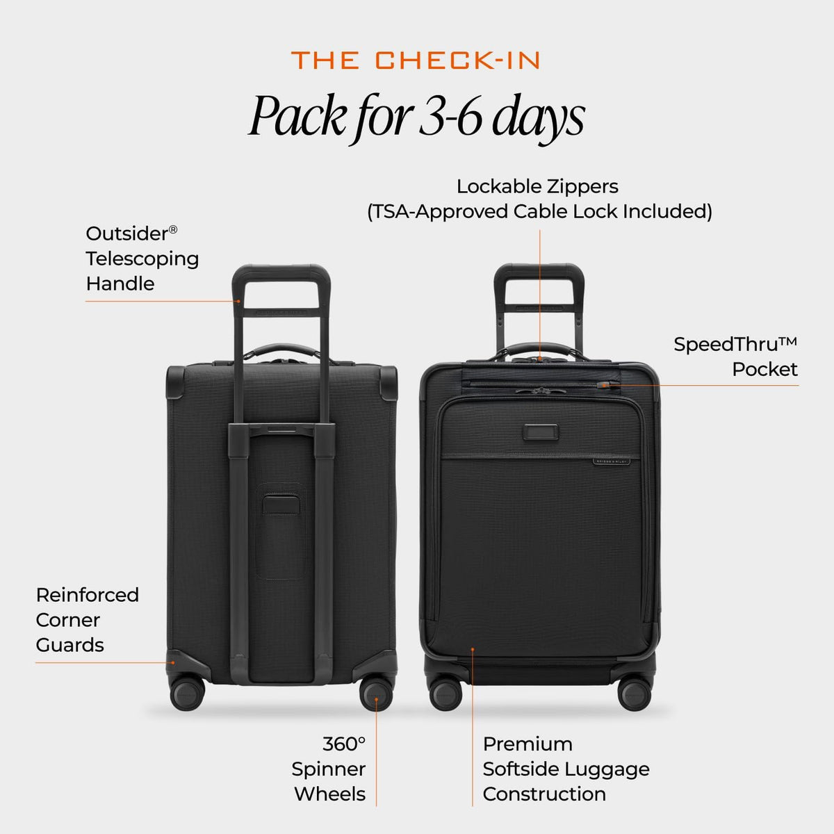 Briggs & Riley Cabin Spinner - Carry On Luggage for Travel, Suitcases with Wheels, Softside Rolling Bag for Men & Women, Fits Under Plane Seat, Interlocking Handle - Baseline Collection, Black