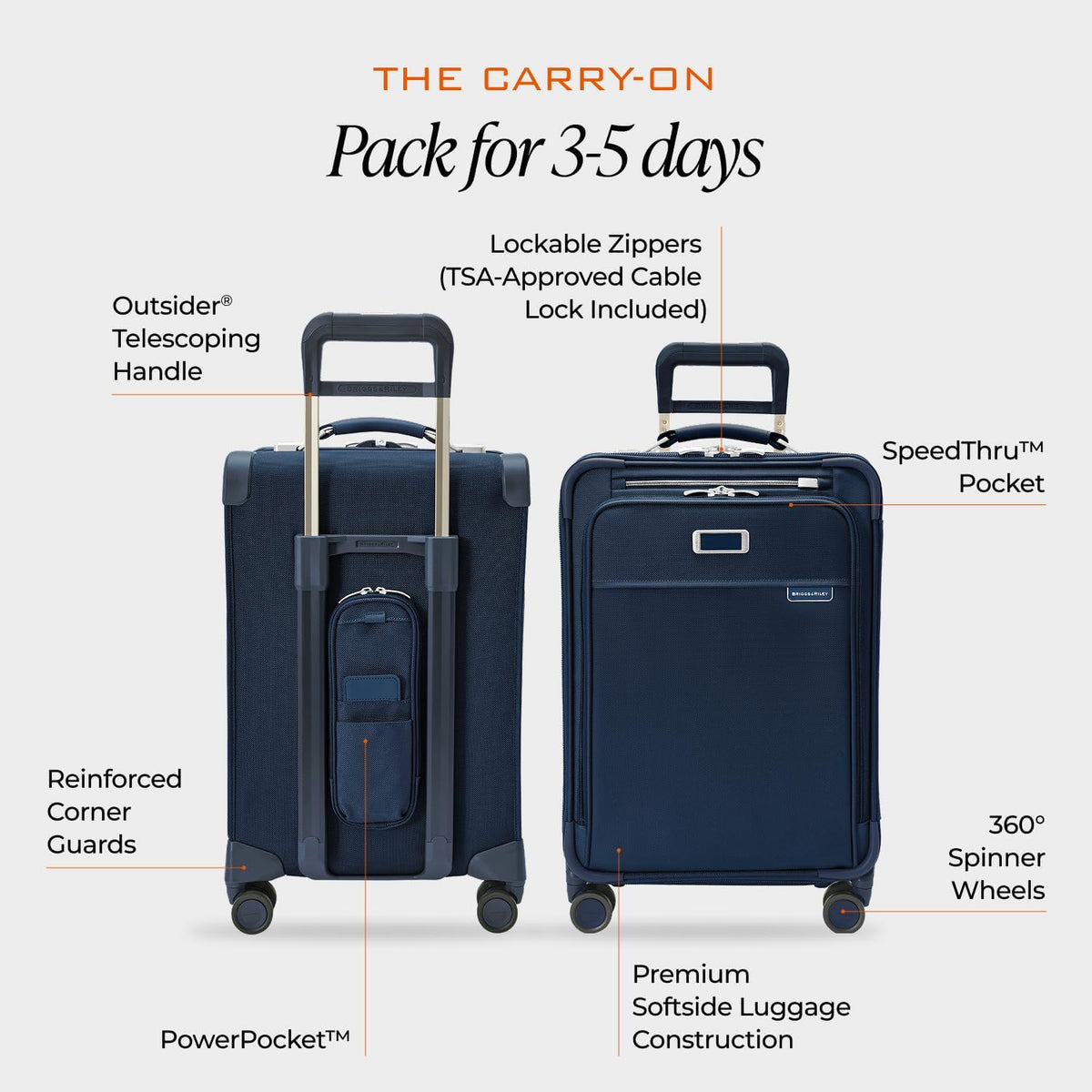 Briggs & Riley Cabin Spinner - Carry On Luggage for Travel, Suitcases with Wheels, Softside Rolling Bag for Men & Women, Fits Under Plane Seat, Interlocking Handle - Baseline Collection, Black