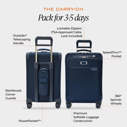 Briggs & Riley Cabin Spinner - Carry On Luggage for Travel, Suitcases with Wheels, Softside Rolling Bag for Men & Women, Fits Under Plane Seat, Interlocking Handle - Baseline Collection, Black