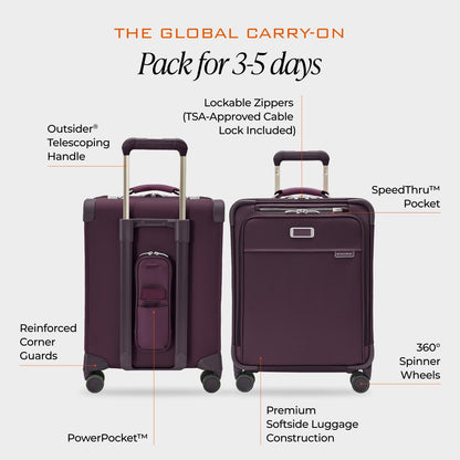 Briggs & Riley Cabin Spinner - Carry On Luggage for Travel, Suitcases with Wheels, Softside Rolling Bag for Men & Women, Fits Under Plane Seat, Interlocking Handle - Baseline Collection, Black