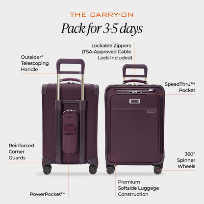 Briggs & Riley Cabin Spinner - Carry On Luggage for Travel, Suitcases with Wheels, Softside Rolling Bag for Men & Women, Fits Under Plane Seat, Interlocking Handle - Baseline Collection, Black