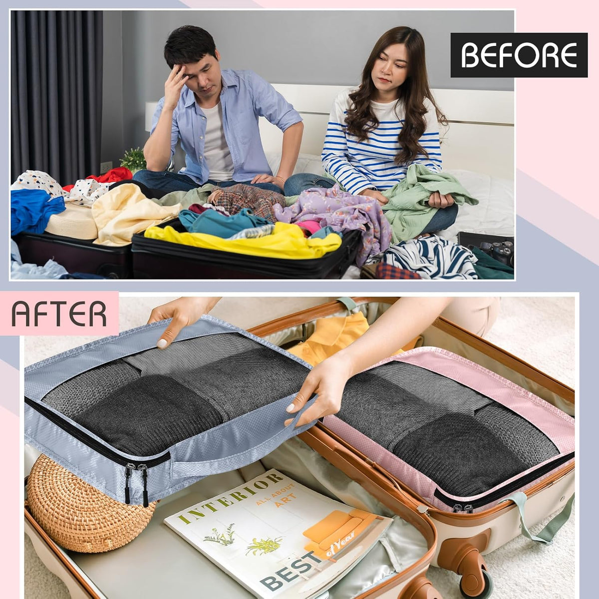 5 Pcs Packing Cubes for Suitcase Large Travel Cubes Carry on Luggage Organizer Bags for Clothes Accessories (L,Pastel)