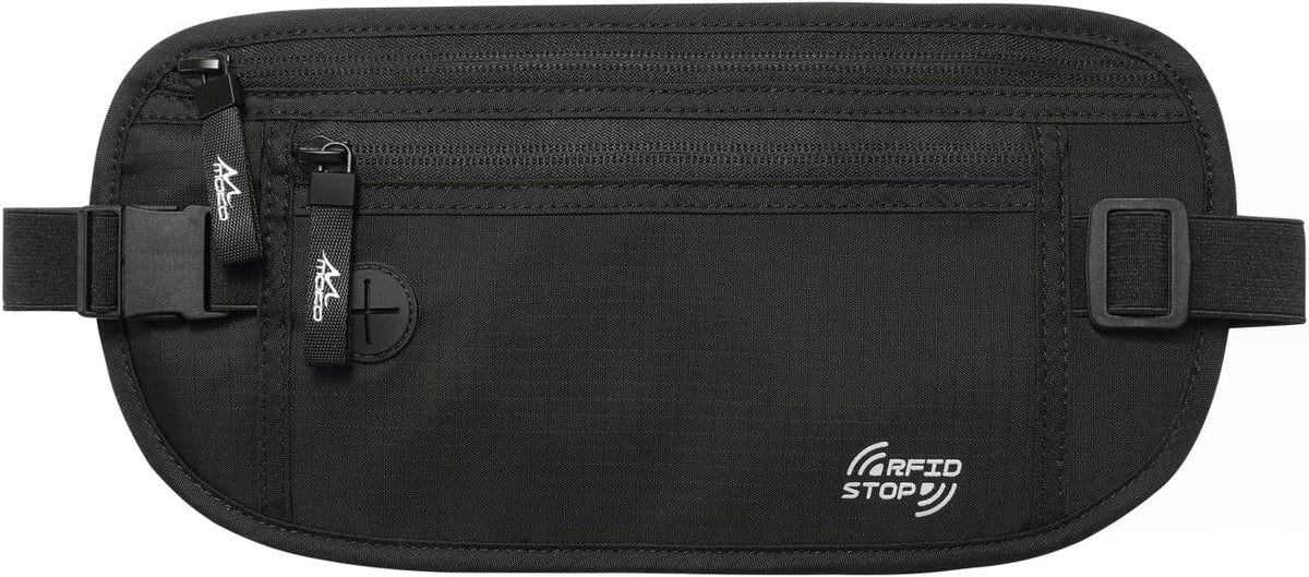 Travel Money Belt, Hidden RFID Blocking Passport Wallet, Black | Slim money belt has three pockets, breathable backing, water-resistant nylon, and an adjustable 28-50 in waist strap