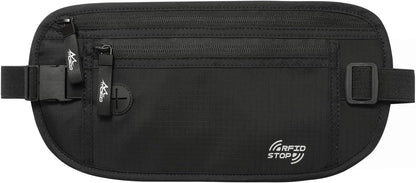 Travel Money Belt, Hidden RFID Blocking Passport Wallet, Black | Slim money belt has three pockets, breathable backing, water-resistant nylon, and an adjustable 28-50 in waist strap