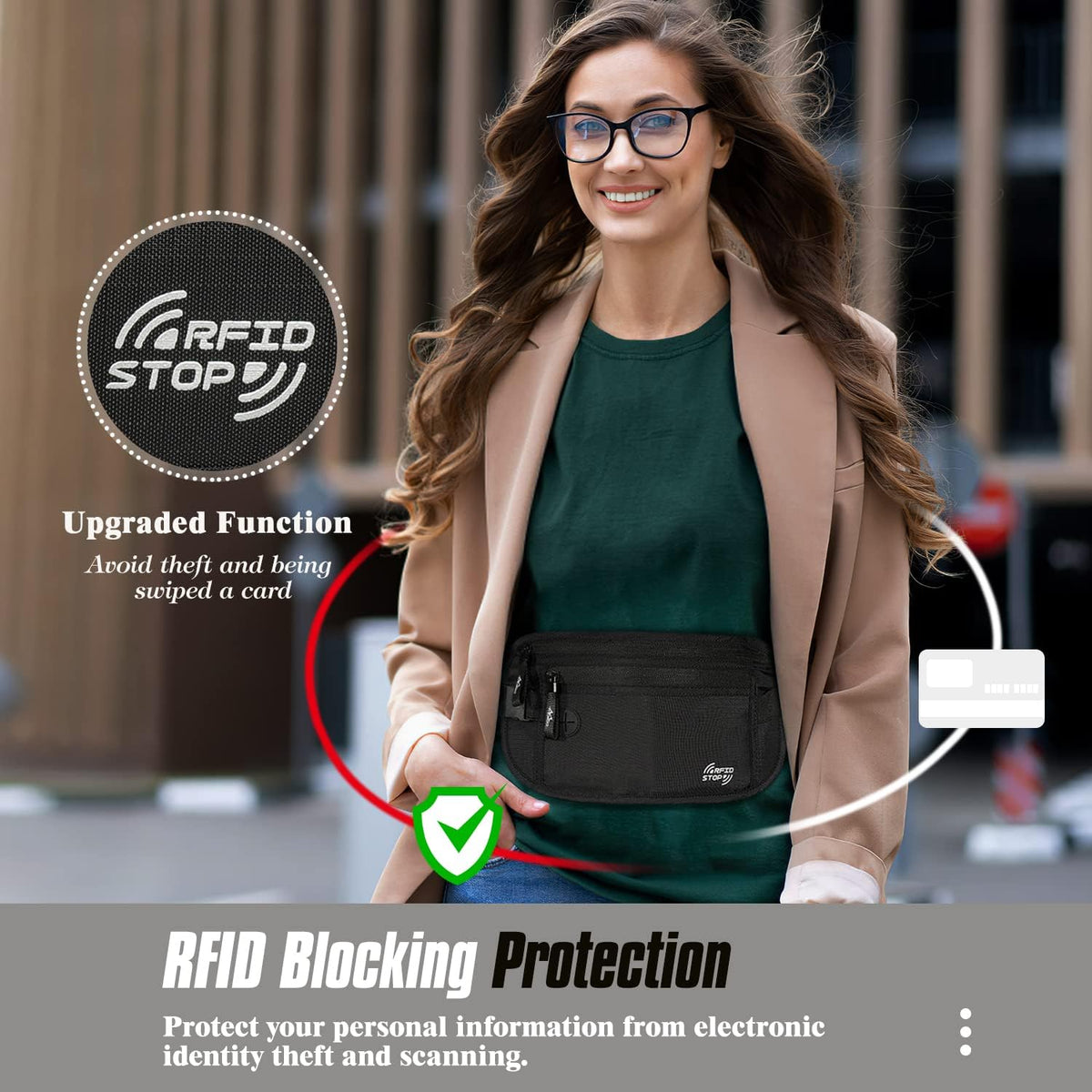 Travel Money Belt, Hidden RFID Blocking Passport Wallet, Black | Slim money belt has three pockets, breathable backing, water-resistant nylon, and an adjustable 28-50 in waist strap