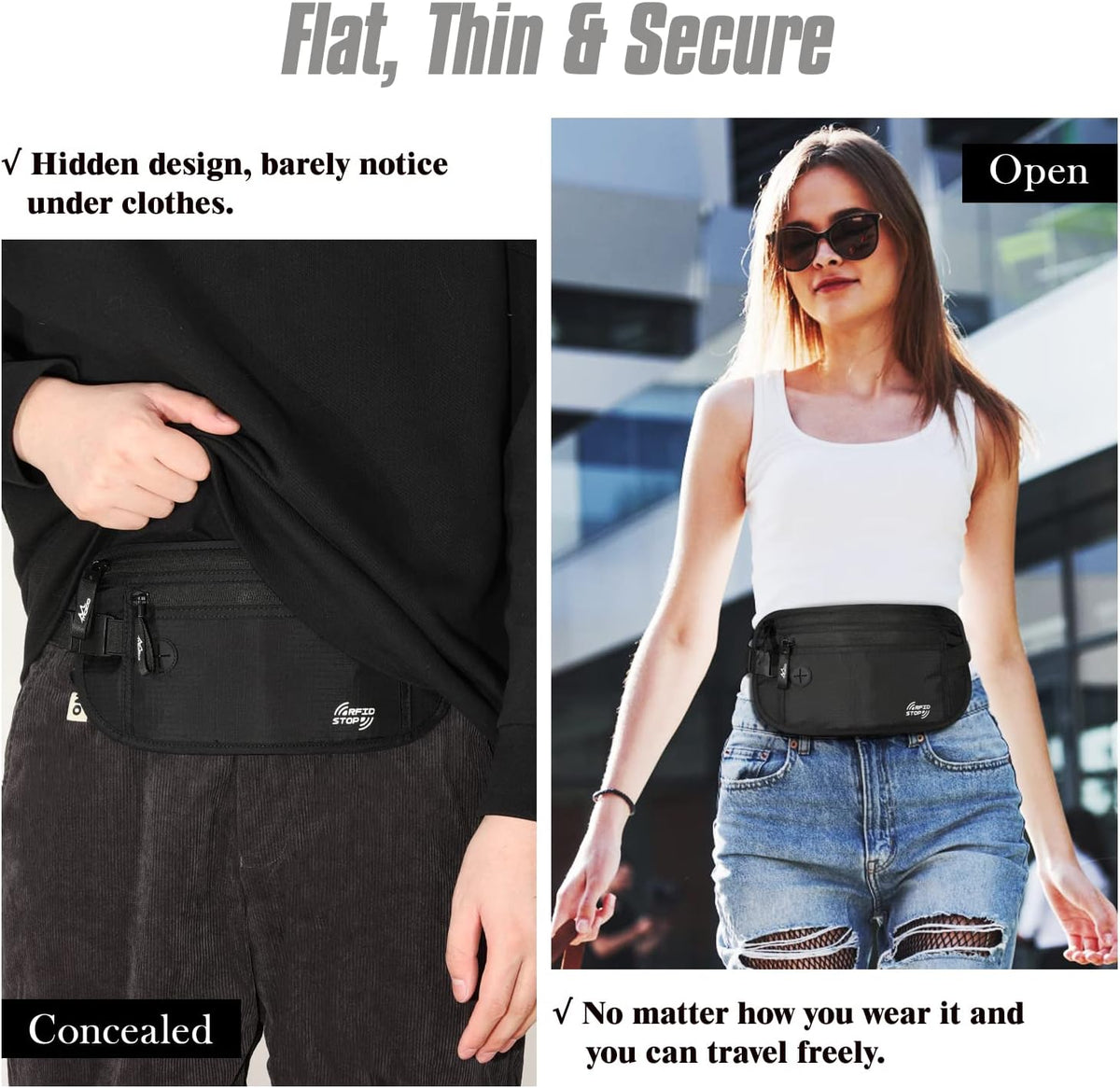 Travel Money Belt, Hidden RFID Blocking Passport Wallet, Black | Slim money belt has three pockets, breathable backing, water-resistant nylon, and an adjustable 28-50 in waist strap