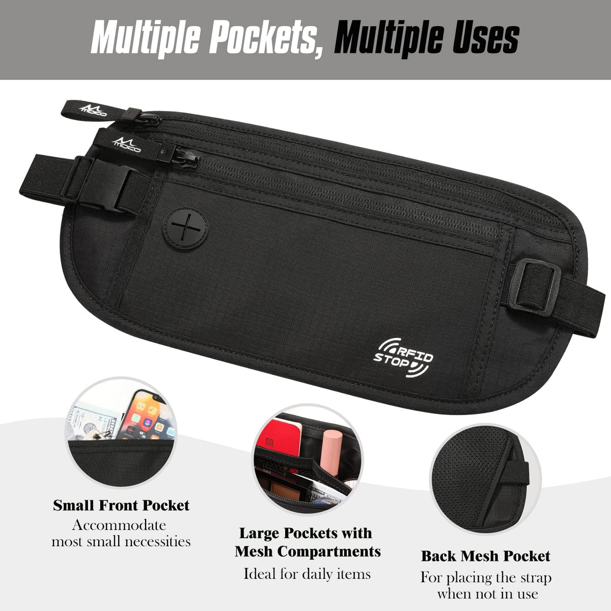 Travel Money Belt, Hidden RFID Blocking Passport Wallet, Black | Slim money belt has three pockets, breathable backing, water-resistant nylon, and an adjustable 28-50 in waist strap