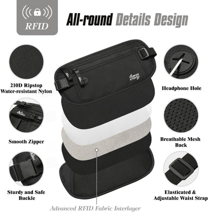 Travel Money Belt, Hidden RFID Blocking Passport Wallet, Black | Slim money belt has three pockets, breathable backing, water-resistant nylon, and an adjustable 28-50 in waist strap