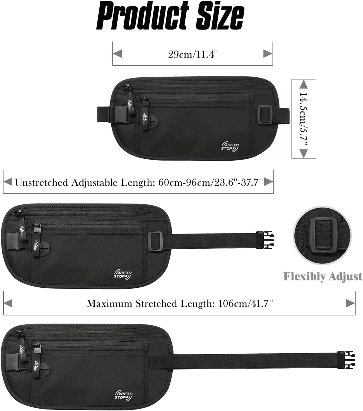 Travel Money Belt, Hidden RFID Blocking Passport Wallet, Black | Slim money belt has three pockets, breathable backing, water-resistant nylon, and an adjustable 28-50 in waist strap