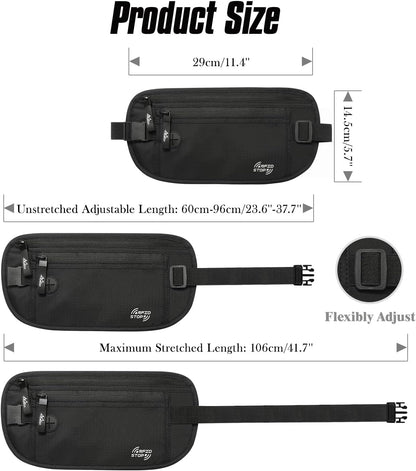 Travel Money Belt, Hidden RFID Blocking Passport Wallet, Black | Slim money belt has three pockets, breathable backing, water-resistant nylon, and an adjustable 28-50 in waist strap