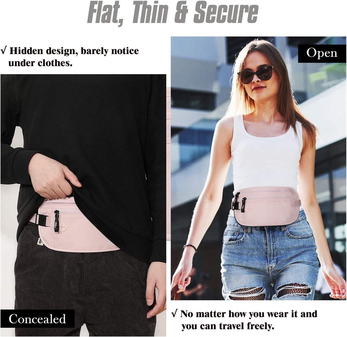 Travel Money Belt, Hidden RFID Blocking Passport Wallet, Black | Slim money belt has three pockets, breathable backing, water-resistant nylon, and an adjustable 28-50 in waist strap