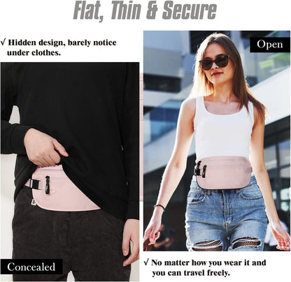 Travel Money Belt, Hidden RFID Blocking Passport Wallet, Black | Slim money belt has three pockets, breathable backing, water-resistant nylon, and an adjustable 28-50 in waist strap