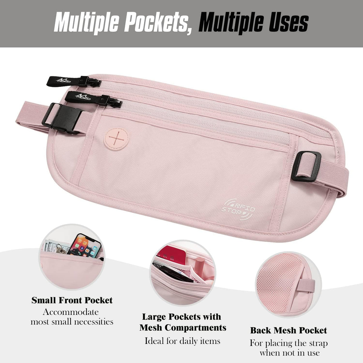 Travel Money Belt, Hidden RFID Blocking Passport Wallet, Black | Slim money belt has three pockets, breathable backing, water-resistant nylon, and an adjustable 28-50 in waist strap