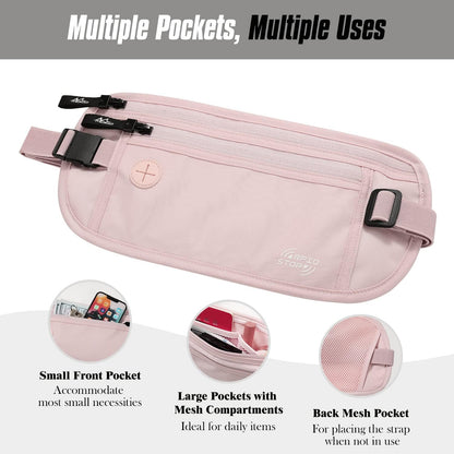 Travel Money Belt, Hidden RFID Blocking Passport Wallet, Black | Slim money belt has three pockets, breathable backing, water-resistant nylon, and an adjustable 28-50 in waist strap
