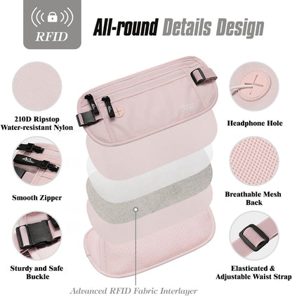 Travel Money Belt, Hidden RFID Blocking Passport Wallet, Black | Slim money belt has three pockets, breathable backing, water-resistant nylon, and an adjustable 28-50 in waist strap