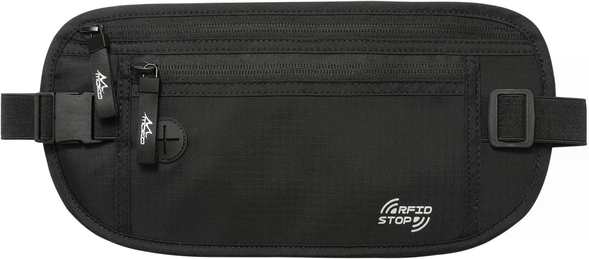 Travel Money Belt, Hidden RFID Blocking Passport Wallet, Black | Slim money belt has three pockets, breathable backing, water-resistant nylon, and an adjustable 28-50 in waist strap