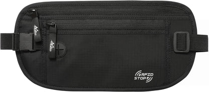 Travel Money Belt, Hidden RFID Blocking Passport Wallet, Black | Slim money belt has three pockets, breathable backing, water-resistant nylon, and an adjustable 28-50 in waist strap