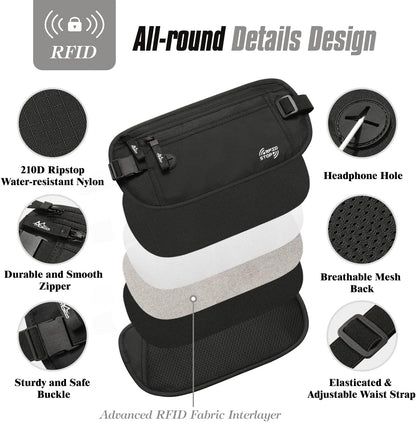 Travel Money Belt, Hidden RFID Blocking Passport Wallet, Black | Slim money belt has three pockets, breathable backing, water-resistant nylon, and an adjustable 28-50 in waist strap