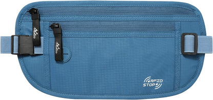 Travel Money Belt, Hidden RFID Blocking Passport Wallet, Black | Slim money belt has three pockets, breathable backing, water-resistant nylon, and an adjustable 28-50 in waist strap