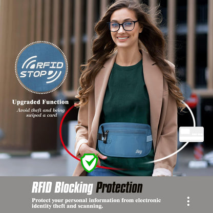 Travel Money Belt, Hidden RFID Blocking Passport Wallet, Black | Slim money belt has three pockets, breathable backing, water-resistant nylon, and an adjustable 28-50 in waist strap