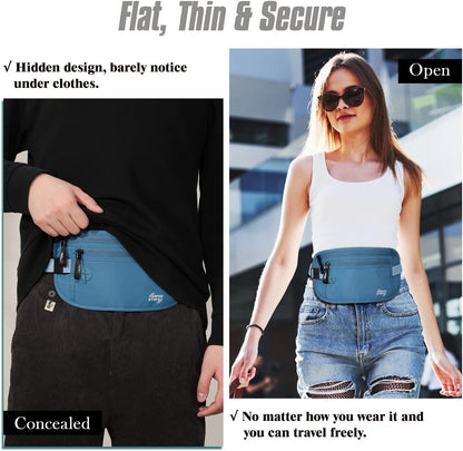 Travel Money Belt, Hidden RFID Blocking Passport Wallet, Black | Slim money belt has three pockets, breathable backing, water-resistant nylon, and an adjustable 28-50 in waist strap
