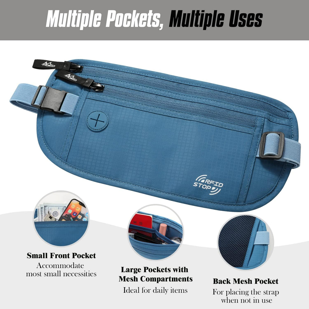 Travel Money Belt, Hidden RFID Blocking Passport Wallet, Black | Slim money belt has three pockets, breathable backing, water-resistant nylon, and an adjustable 28-50 in waist strap