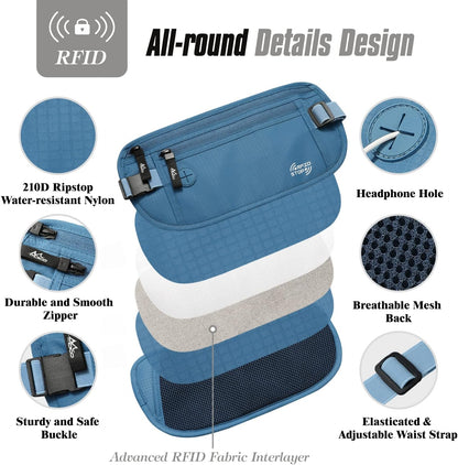 Travel Money Belt, Hidden RFID Blocking Passport Wallet, Black | Slim money belt has three pockets, breathable backing, water-resistant nylon, and an adjustable 28-50 in waist strap
