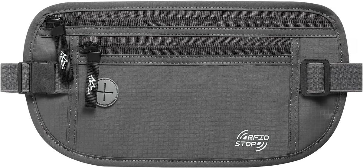 Travel Money Belt, Hidden RFID Blocking Passport Wallet, Black | Slim money belt has three pockets, breathable backing, water-resistant nylon, and an adjustable 28-50 in waist strap