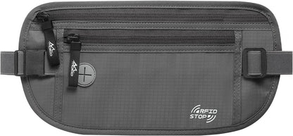 Travel Money Belt, Hidden RFID Blocking Passport Wallet, Black | Slim money belt has three pockets, breathable backing, water-resistant nylon, and an adjustable 28-50 in waist strap