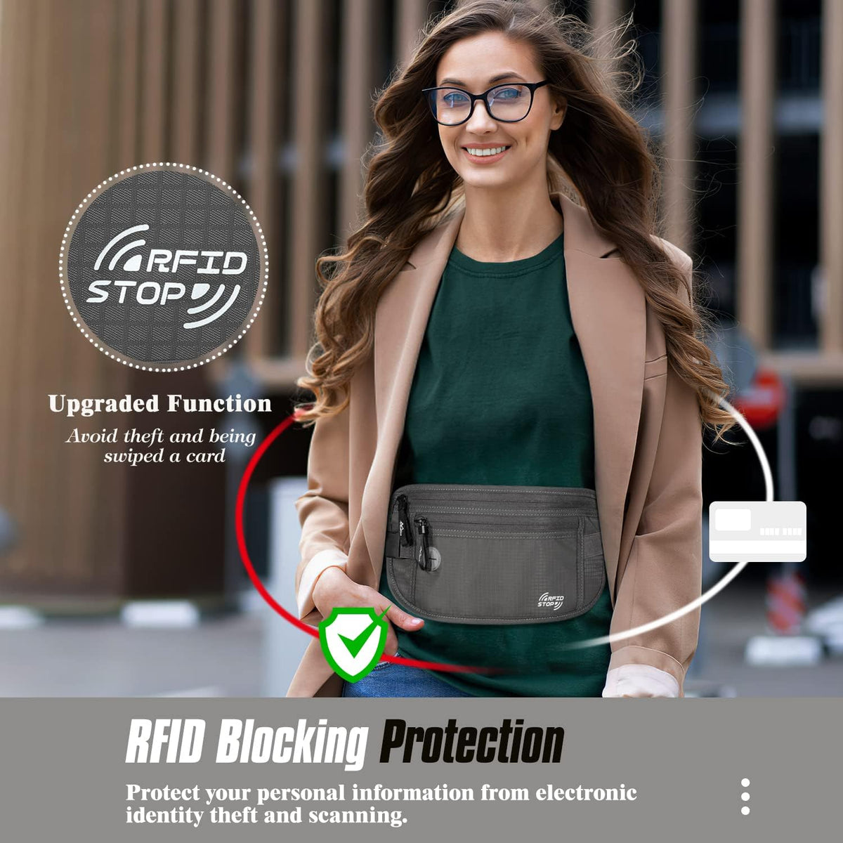 Travel Money Belt, Hidden RFID Blocking Passport Wallet, Black | Slim money belt has three pockets, breathable backing, water-resistant nylon, and an adjustable 28-50 in waist strap