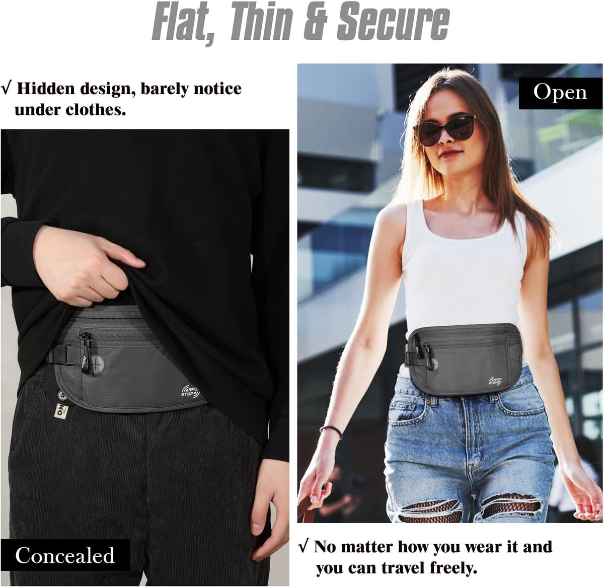 Travel Money Belt, Hidden RFID Blocking Passport Wallet, Black | Slim money belt has three pockets, breathable backing, water-resistant nylon, and an adjustable 28-50 in waist strap