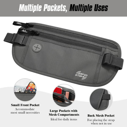 Travel Money Belt, Hidden RFID Blocking Passport Wallet, Black | Slim money belt has three pockets, breathable backing, water-resistant nylon, and an adjustable 28-50 in waist strap