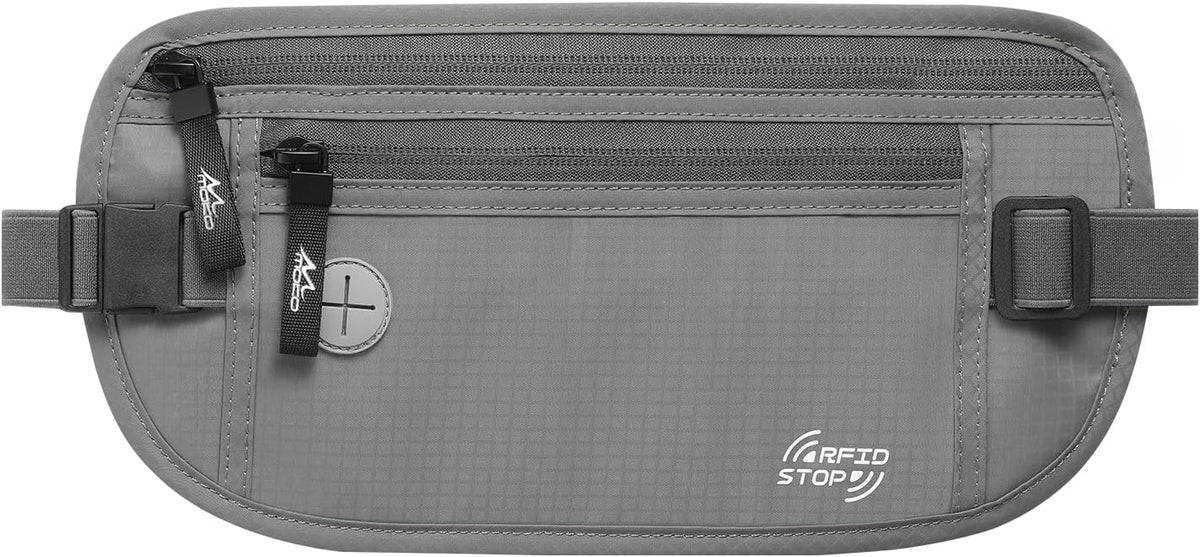 Travel Money Belt, Hidden RFID Blocking Passport Wallet, Black | Slim money belt has three pockets, breathable backing, water-resistant nylon, and an adjustable 28-50 in waist strap