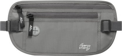 Travel Money Belt, Hidden RFID Blocking Passport Wallet, Black | Slim money belt has three pockets, breathable backing, water-resistant nylon, and an adjustable 28-50 in waist strap