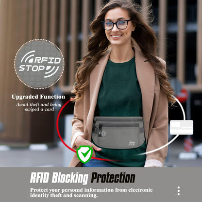 Travel Money Belt, Hidden RFID Blocking Passport Wallet, Black | Slim money belt has three pockets, breathable backing, water-resistant nylon, and an adjustable 28-50 in waist strap