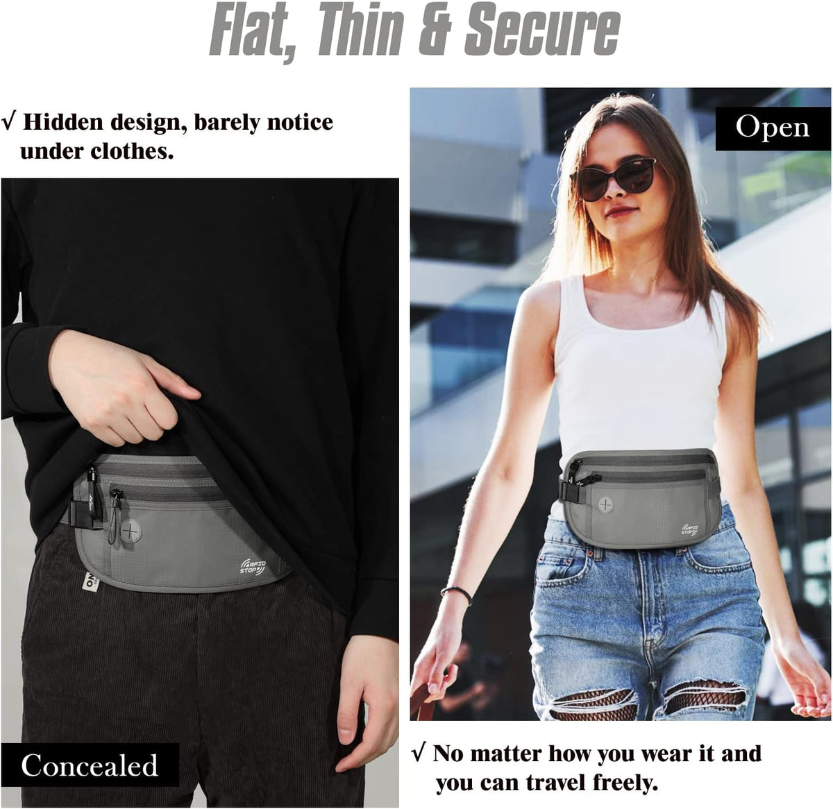 Travel Money Belt, Hidden RFID Blocking Passport Wallet, Black | Slim money belt has three pockets, breathable backing, water-resistant nylon, and an adjustable 28-50 in waist strap