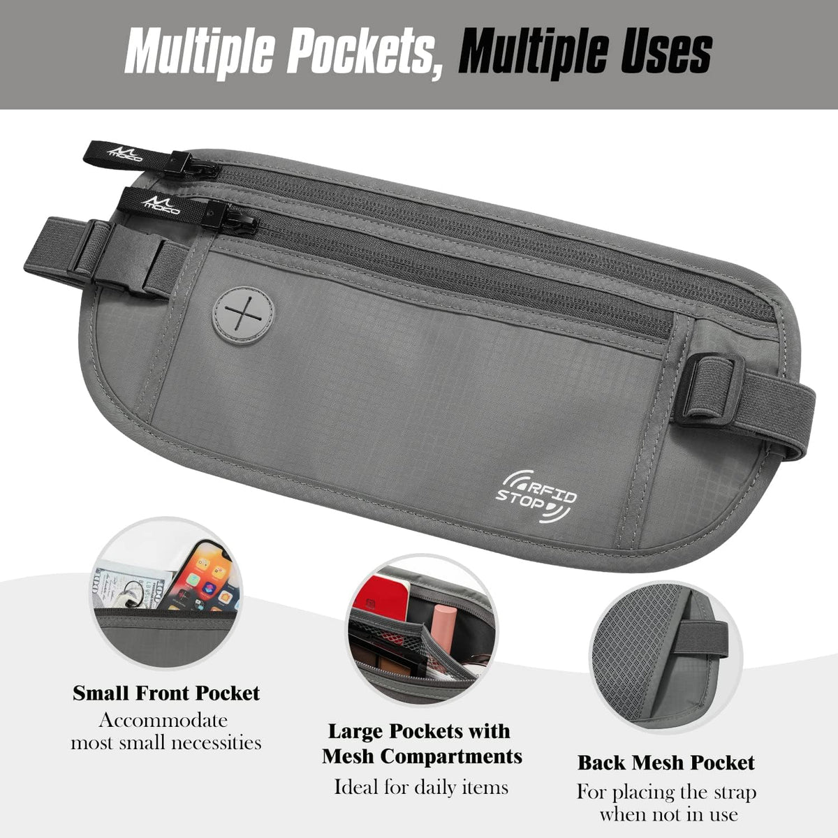 Travel Money Belt, Hidden RFID Blocking Passport Wallet, Black | Slim money belt has three pockets, breathable backing, water-resistant nylon, and an adjustable 28-50 in waist strap