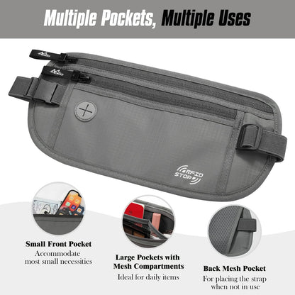 Travel Money Belt, Hidden RFID Blocking Passport Wallet, Black | Slim money belt has three pockets, breathable backing, water-resistant nylon, and an adjustable 28-50 in waist strap