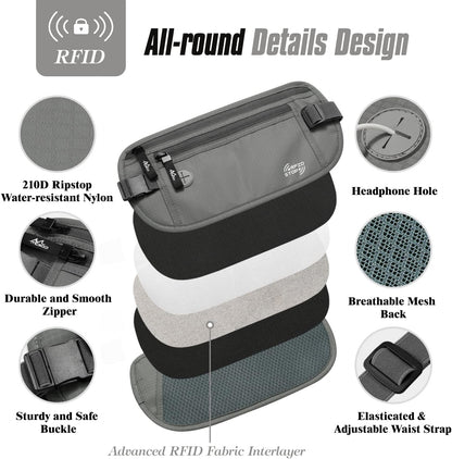 Travel Money Belt, Hidden RFID Blocking Passport Wallet, Black | Slim money belt has three pockets, breathable backing, water-resistant nylon, and an adjustable 28-50 in waist strap