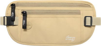 Travel Money Belt, Hidden RFID Blocking Passport Wallet, Black | Slim money belt has three pockets, breathable backing, water-resistant nylon, and an adjustable 28-50 in waist strap