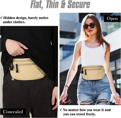 Travel Money Belt, Hidden RFID Blocking Passport Wallet, Black | Slim money belt has three pockets, breathable backing, water-resistant nylon, and an adjustable 28-50 in waist strap