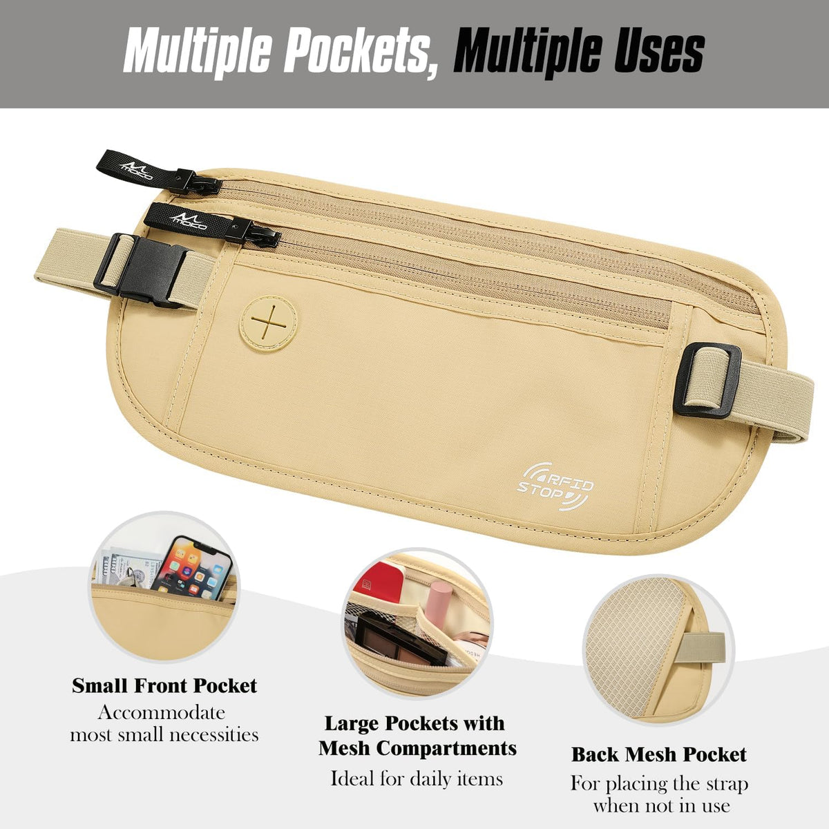 Travel Money Belt, Hidden RFID Blocking Passport Wallet, Black | Slim money belt has three pockets, breathable backing, water-resistant nylon, and an adjustable 28-50 in waist strap